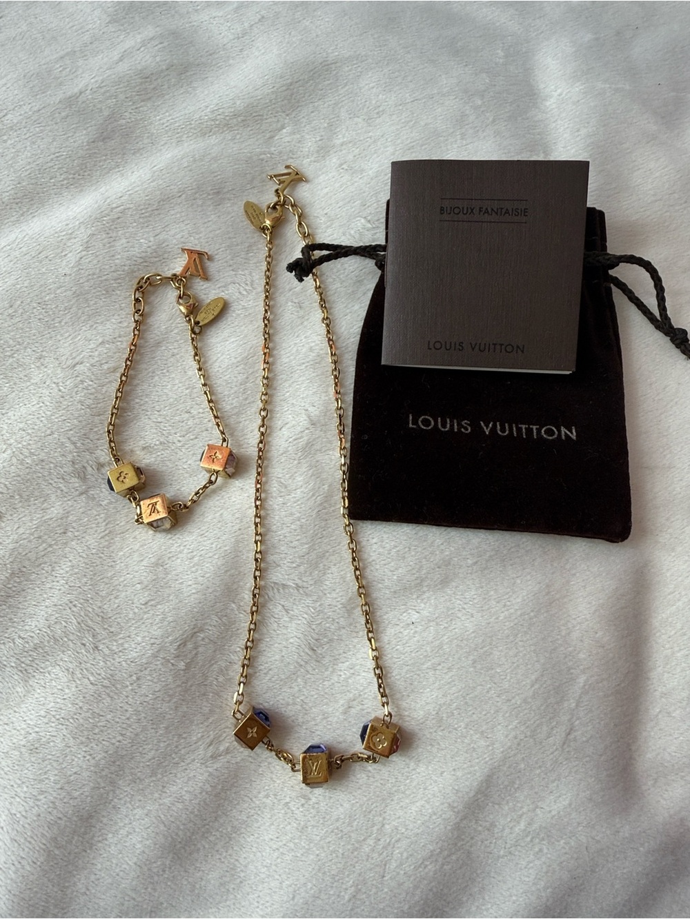 Louis Vuitton Collier Gamble Necklace and Bracelet Set with Crystal Cube Charms